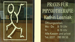 Praxis
        für Physiotherapie
  Katrin Lesniak | Gutenbergstraße 60/ 70, 14467 Potsdam
